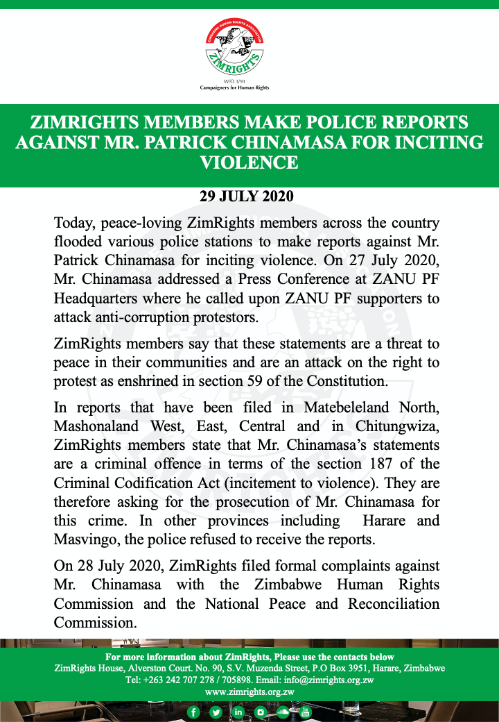 ZimRightsLIVE's tweet photo. #UPDATE: ZimRights members make police reports against Mr. Patrick Chinamasa for inciting violence

@PoliceZimbabwe @ZimHRNGOForum @zhrc365 @nprczim @kubatana @citezw @pacheduzw @263Chat https://t.co/lay5RnfTan