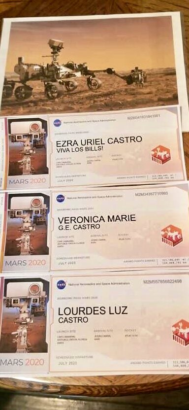 JonahJavad's tweet photo. Mars Rover “Perseverance” launches Thur AM.

Thanks to @NASA’s @RocketmanJRS, inscribed on the chip that controls @NASAPersevere are the names of the Castro family — including Dallas cop Jaime Castro &amp; his late brother Ezra “Pancho Billa” Castro.

Wow. 🚀

#BillsMafia @wfaa @WGRZ https://t.co/JuN97l7WvC