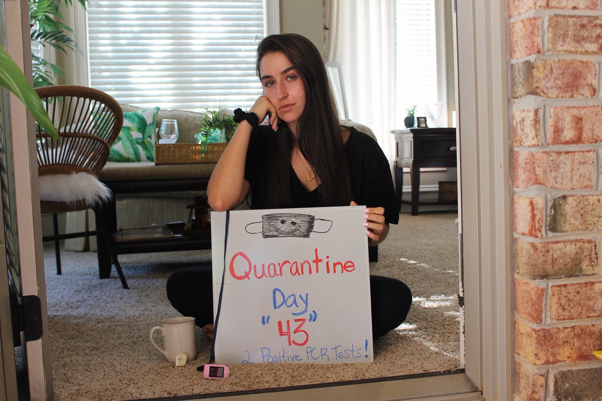 THREAD --> This is Natalie. When I first spoke with her, she hadn't left her parents' basement in 43 days because she'd tested positive for  #Covid19 twice and feared infecting her family. Why do folks like her keep testing positive? Here's what I learned. 1/18