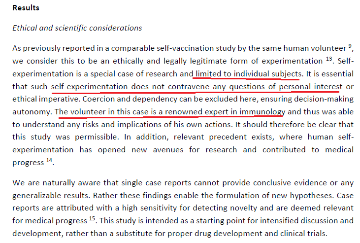 And here is the rationale given for self injection by an established immunologist. I find the role of "credentialism" pretty interesting. Basically, argument is 'I know what I am doing. '