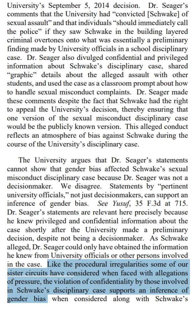 CA9: procedural irregularities in TIX case can support an inference of gender bias.In ASU case, the issue was alleged breach of confidentiality in the process in which an ASU professor ( @seagertp) allegedly spoke about the preliminary outcome of the case to students.