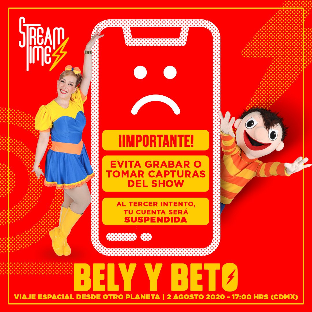 mystreamtime's tweet photo. ¡ALTO AHÍ! ✋Dentro del #streamtime de #BelyYBeto y en general para todos nuestros #streamtimes es muy importante tener en cuenta lo siguiente:
🚫 No está permitido tomar captura de pantalla ni grabar pantalla durante el show
⚠ Recuerda ingresar al #streamtime 30 minutos antes https://t.co/H90J81OCCp