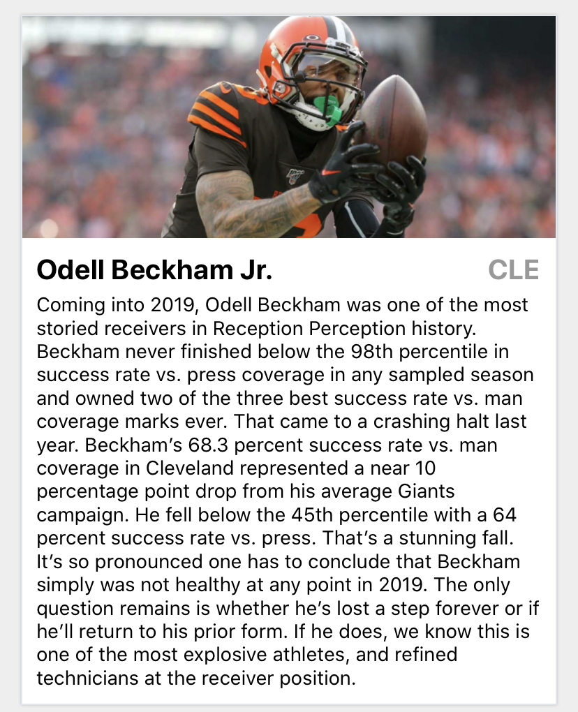 Right away when charting 2019, he just didn't look right. My only conclusion to account for this kind of dramatic fall-off is that he was indeed playing through a debilitating sports hernia all year.Here's my Odell Beckham blurb from the  #ReceptionPerception section of the UDK: