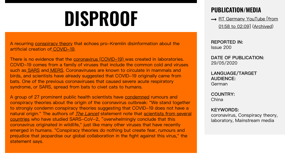 the double standard in  @EUvsDisinfo  @eu_eeas  #DisinfoReview is that when others (for example RT) talks about the coronavirus originated in a lab, it's labeled as disinformation.But when it's  @SecPompeo  @WSJopinion , they got a free pass https://euvsdisinfo.eu/report/covid-19-came-from-a-laboratory/