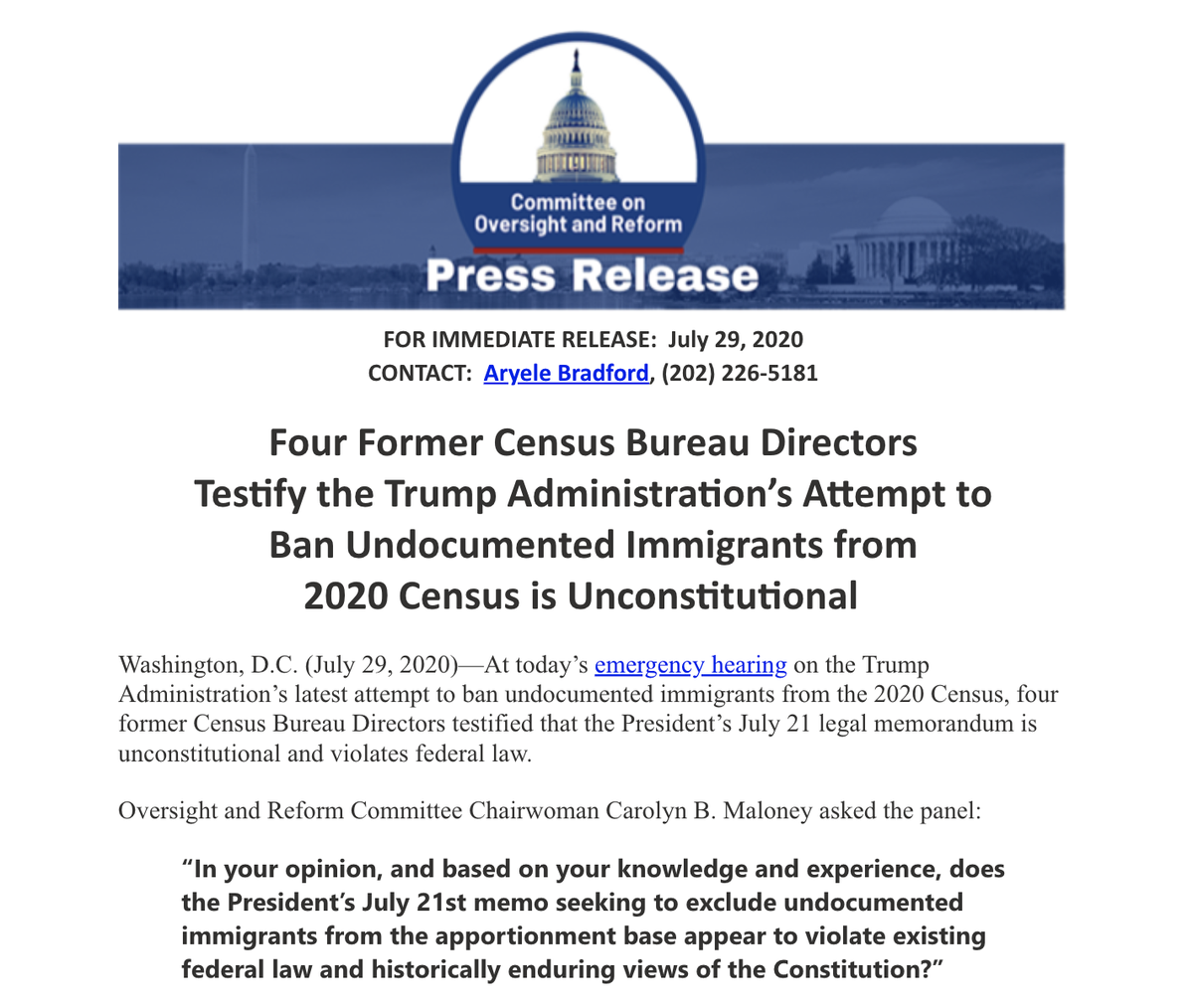 Screenshot of a press release from the House Oversight and Reform Committee. The full text is linked in the original tweet.