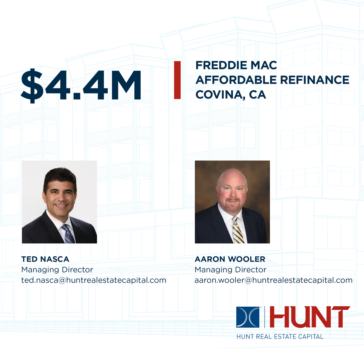 HRECapital's tweet photo. Ted Nasca and Aaron Wooler collaborated to provide a $4.4 million Freddie Mac affordable loan to refinance a multifamily property in Covina, California.

#HuntHappenings #AffordableHousing #CRE #RealEstate https://t.co/9XegaD2aOr