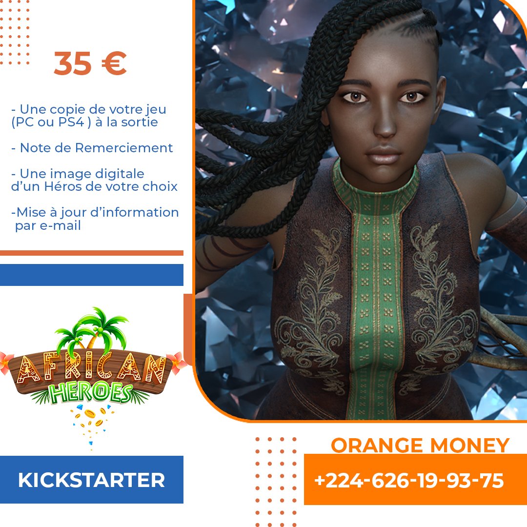 Sur la plateforme kickstarter, investissez 35 euros et vous aurez droit à :
- Une copie de votre jeu (PC ou PS4 ) à la sortie
- Une image digitale d’un Héros de votre choix
-Mise à jour d’information par e-mail
soutenez- nous sur 
kickstarter.com/projects/17335…