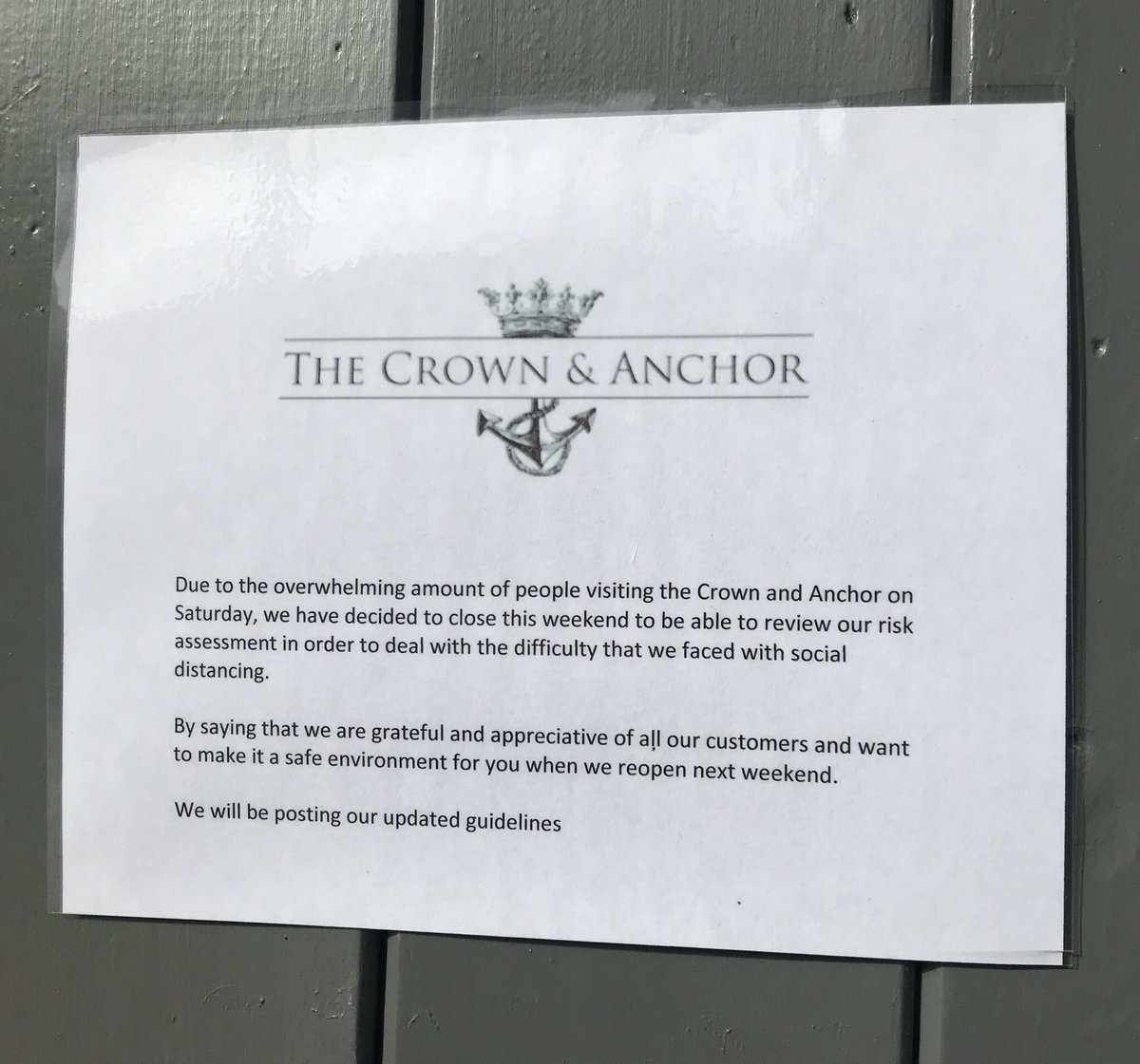 I should say at this point we have tried to get in contact with the owners of the pub. They’d already closed on the 24th posting this online and on the door of the pub: