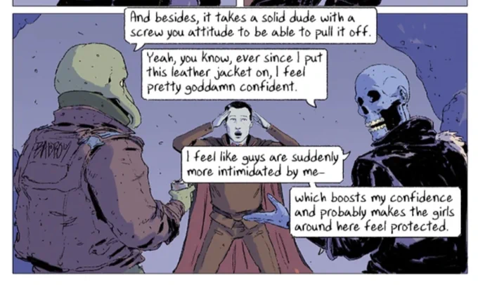 I want to say Dan and I came up with this dialogue from scratch but, truth be told, this is almost 1:1 a real conversation that real guys had about leather jackets 