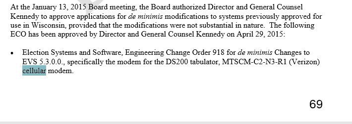 27/ In 2015, Wisconsin also decided to allow ES&S to install wireless modems in its DS200 ballot scanners. See p. 69 h/t  @SwissTriple_M  https://elections.wi.gov/sites/default/files/event/74/04_29_15_complete_open_session_materials_with_agen_19324.pdf