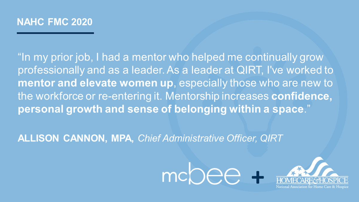 McBeeassociates's tweet photo. .@QIRTClinical Chief Administration Officer Allison Cannon shares the importance of #mentorship in creating #WomenLeaders in the workforce at the @OfficialNAHC  #NAHCFMC20. https://t.co/VSleevsjG9