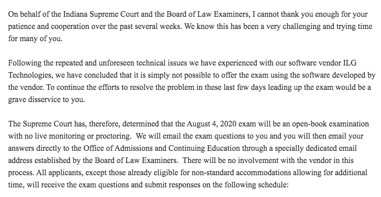 The email that students taking the Indiana bar exam just received: