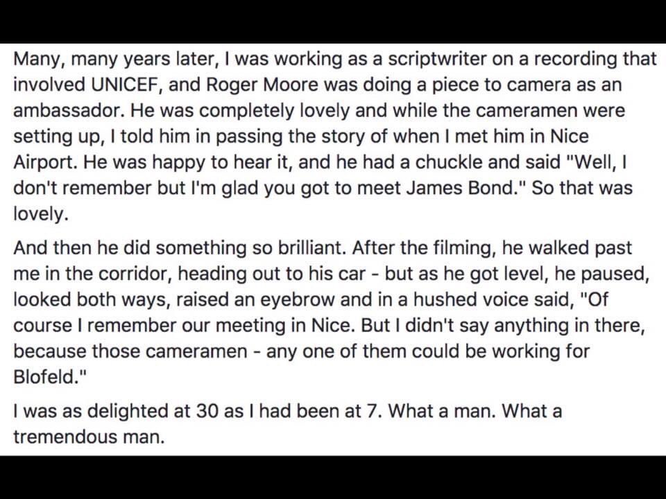 I understand #RogerMoore is trending because Richard Moore has been appointed the new Head of MI6. Three thoughts.

1. Twitter CAN be wonderful, can’t it?
2. Congrats to Richard Moore
3. Any excuse to re-share this Roger Moore story by Marc Haynes has to be seized. So I seized it