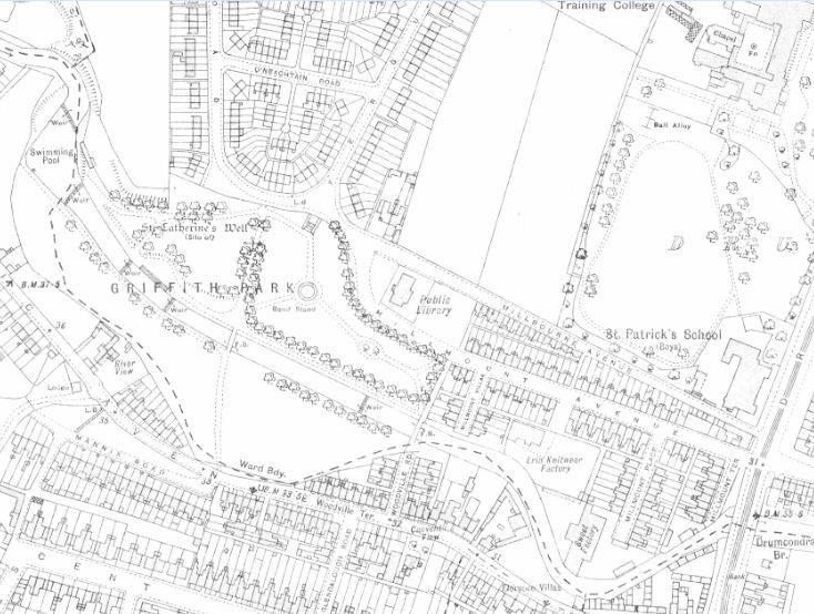 By 1935-6, the Tolka had become the focus for two new industrial operations - Erin Knitwear and Lemon's Sweets  @PaulCrowe9. The line of the river has been changed as it flows through the new park, with the ward boundary preserving the previous course /6