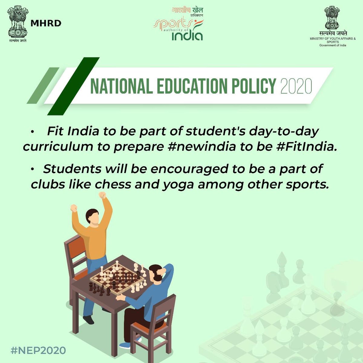 .<a href="/HRDMinistry/">The Students Circle ➐</a> today launched #NEP2020 with the aim of focusing more on unity &amp; integrity of all forms of knowledge including sports.

Here are a few things that will now be part of student's everyday curriculum. 👇

<a href="/Pvsindhu1/">Pvsindhu</a>,<a href="/gaGunNarang/">Gagan Narang</a>, <a href="/chetrisunil11/">Sunil Chhetri</a>,<a href="/realmanubhaker/">Manu Bhaker🇮🇳</a>, <a href="/NSaina/">Saina Nehwal</a>
