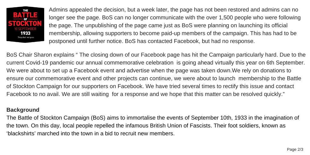 BOScampaign's tweet image. Please see below the Battle of Stockton Campaign's media release RE: Facebook closing down the campaign's Facebook page

@TeessideLive @TheNorthernEcho @novaramedia @MirrorPolitics @guardiantech @guardiannews @MirrorTech
