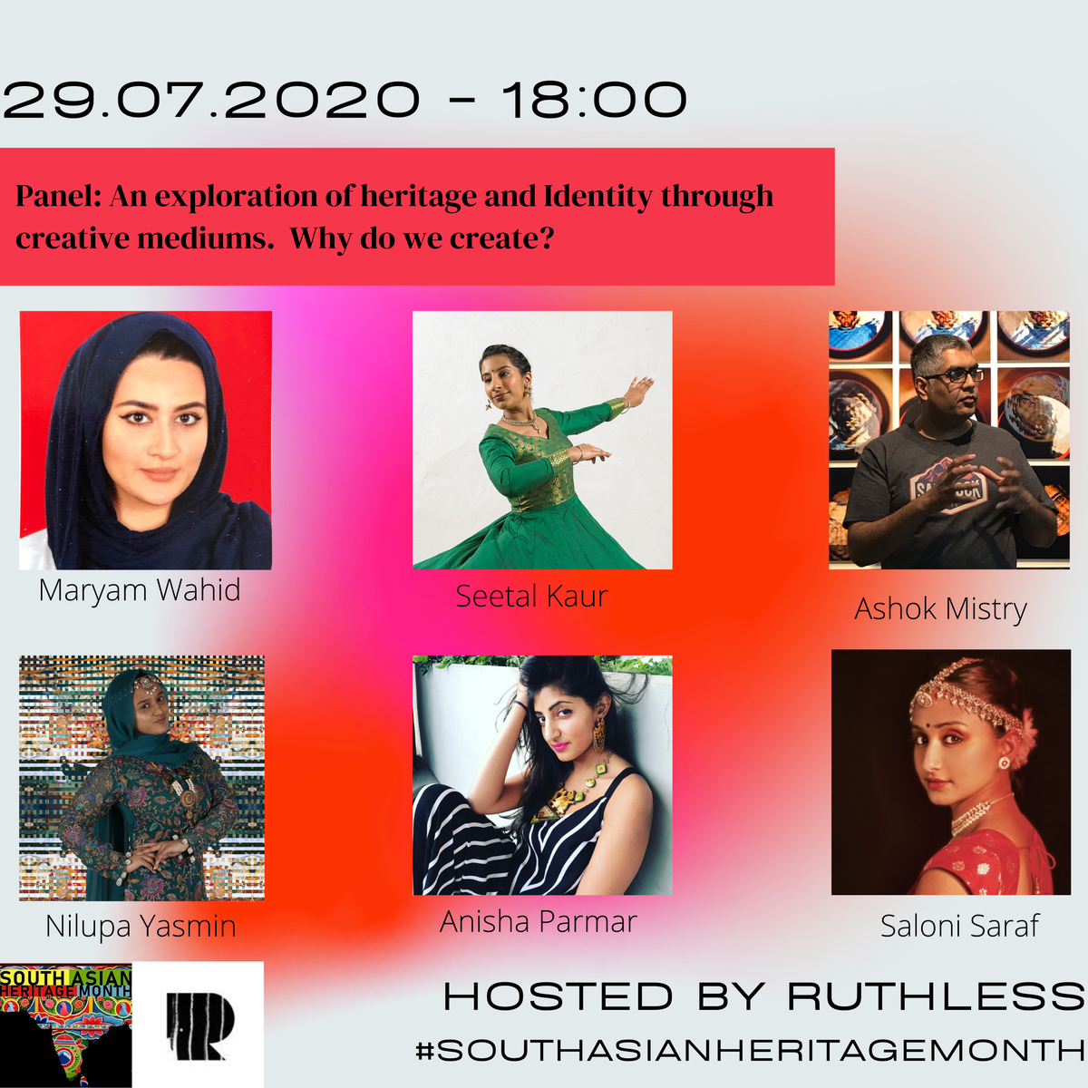 Only 4 hours to go! @ruthlesszine will be leading a convo with <a href="/WahidMaryam/">Maryam Wahid 🇬🇧 🇵🇰</a> <a href="/seetal_/">Seetal</a> @AshokDMistry <a href="/NilupaYasmin_/">Nilupa</a> <a href="/anishaparmarldn/">Anisha Parmar Studio</a> and <a href="/salonisaraf26/">Saloni Saraf</a> 
You can watch via: bit.ly/3jNQazj
#southasianheritagemonth