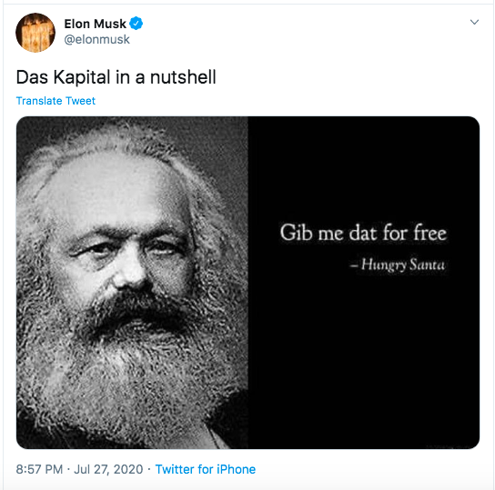 That 5th-richest-person  @elonmusk claims to "favor" a UBI a system (that give people money "for free"), and a week later ignorantly meme-mock the underlying premise of Marx's Das Kapital is a stunning admission of how little history (and how much privilege) these men know./7