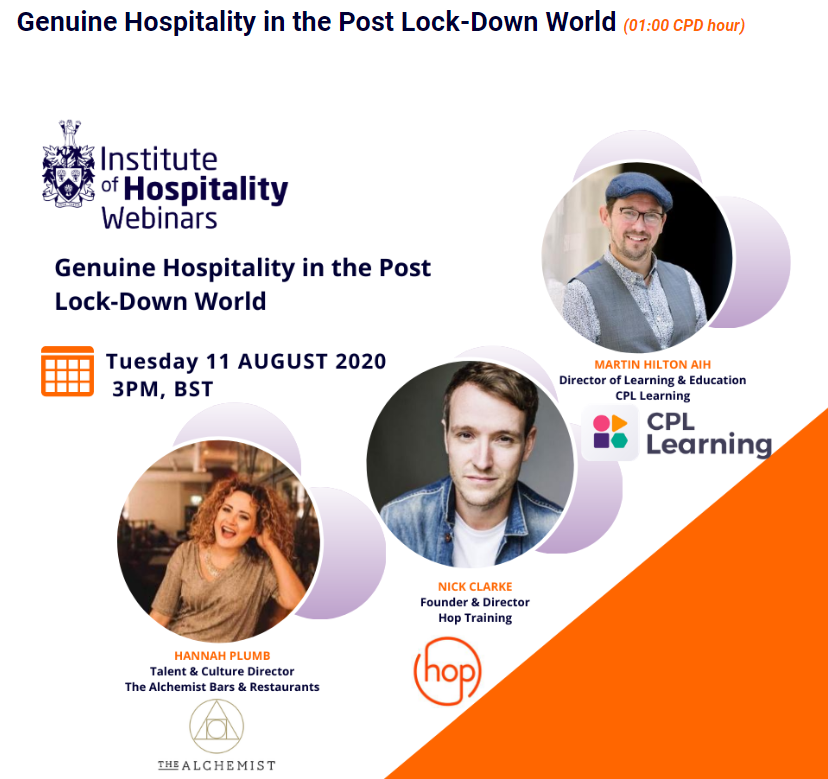 cpllearning's tweet photo. Want to find out more about how hospitality can be delivered in the new world? Catch up with our Director of Learning and Education, Martin Hilton who will be joined by Nick Clarke @hoptrainingltd and Hannah Plumb @TheAlchemistUK on @IoH_Online Webinar - 11th Aug at 3pm. https://t.co/THuuZebwft