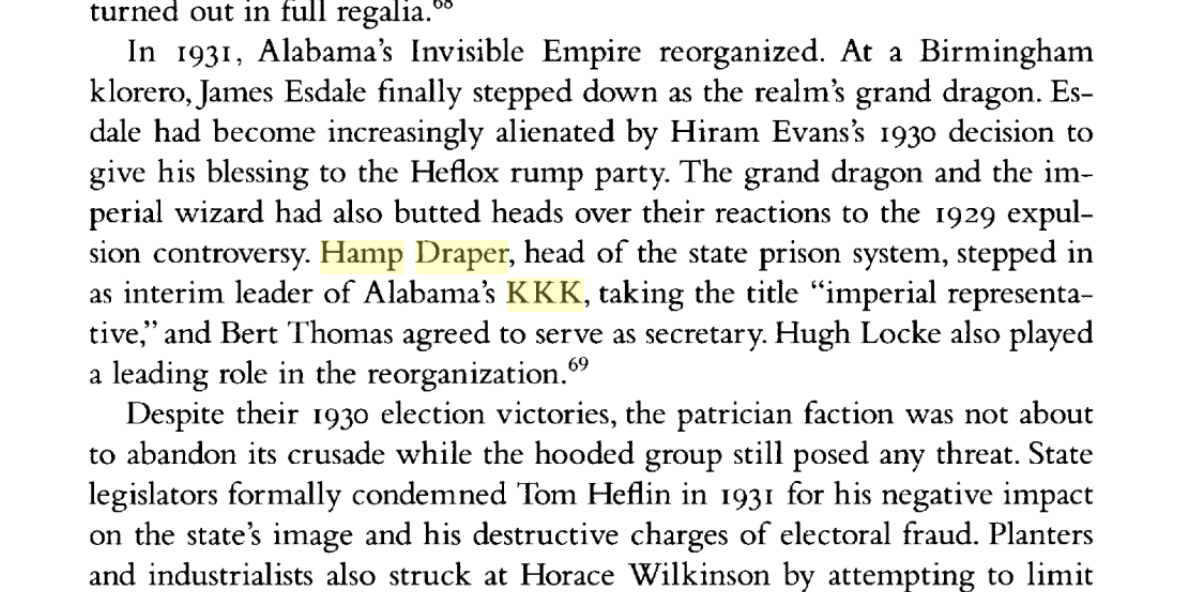 In Alabama, the Draper Correctional Center is named after Hamp Draper, a state prison director who also served as an interim leader—or “imperial representative”— in the Ku Klux Klan