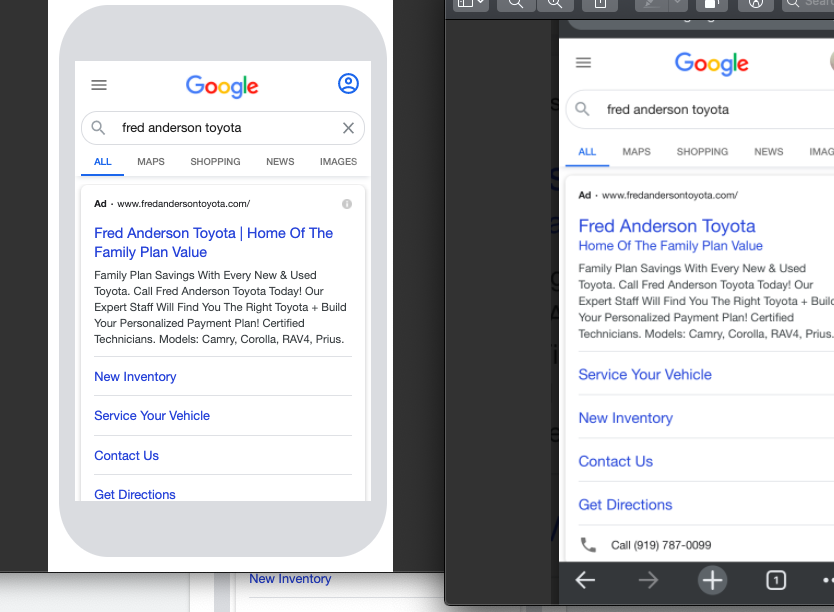 AyerSpace's tweet photo. Seeing a larger font size in headline 1 for the first time. The image on the left is google ads preview. The image on the right is a live search from my iphone. Is that an update I missed or something new?  #ppcchat https://t.co/hconCM00ov