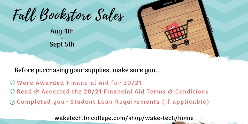 WakeTechFinAid's tweet image. 📚Fall Bookstore Sales begin August 4th📚

👩🏾‍💻 Order your textbooks &amp;amp; other required supplies at waketech.bncollege.com/shop/wake-tech…

💳 To use Financial Aid upon checkout, choose &apos;Financial Aid&apos; as payment type. You will be required to enter your Student ID #

#WakeTech #WakeTechFinancialAid