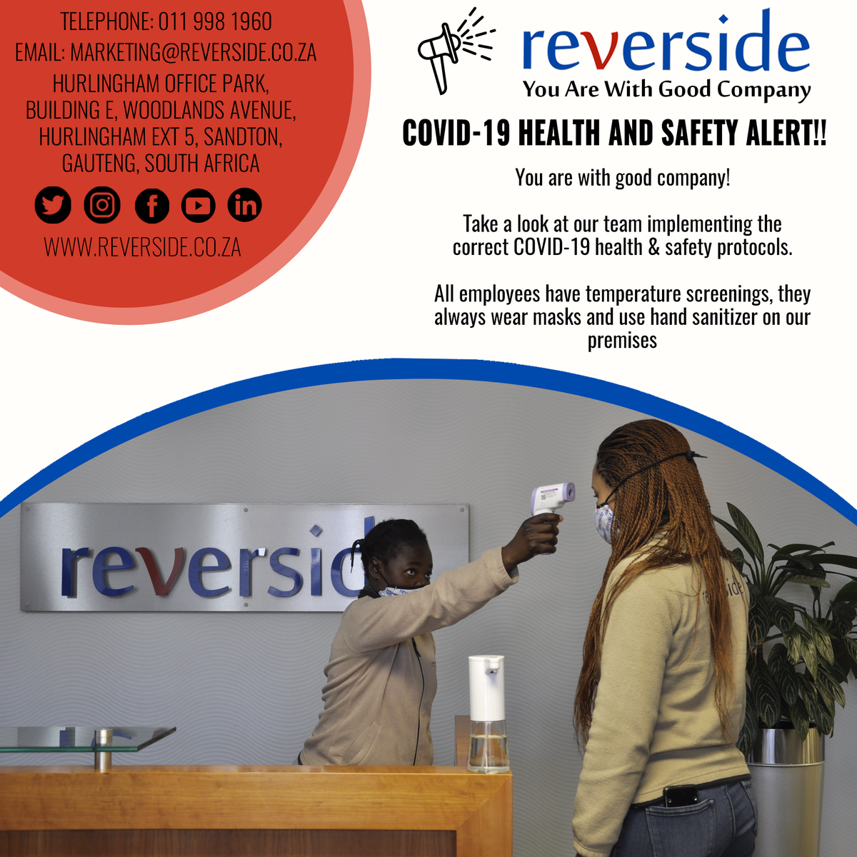 Reverside1's tweet photo. You are with good company!
Take a look at our team implementing the correct COVID-19 health & safety protocols.
All employees have temperature screenings, they always wear masks and use hand sanitizer on our premises.
#Youareourpriority #regulations #masks #sanitize https://t.co/Qbja4hFANr