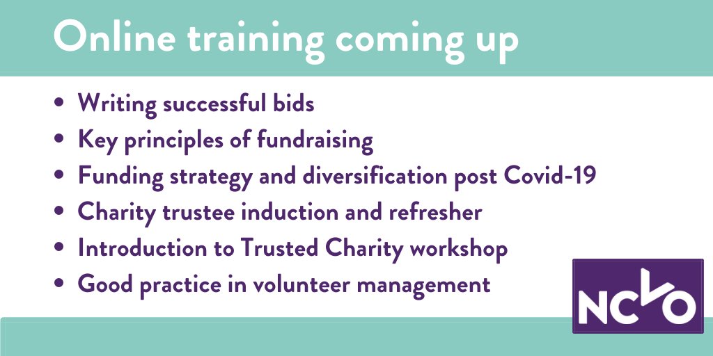 Our charity training courses are now online!

Check them out here ➡️ booking.ncvo.org.uk/training