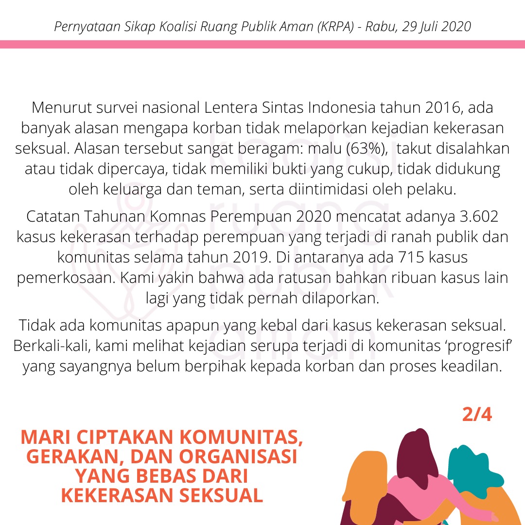 dijalanaman's tweet photo. Penyataan Sikap Kami dari Koalisi Ruang Publik Aman. ⁣
⁣
Kami bersama Korban. ⁣
Kami mendukung korban. ⁣
⁣
Mari ciptakan komunitas, gerakan dan organisasi yang aman dari kekerasan seksual. https://t.co/QFd8Utb1ep