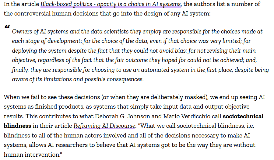 They link the worry with AI agency to another worry, of the opacity of AI systems, quoting from this article on the ethical problems with treating AI like a "black box".  https://medium.com/@szymielewicz/black-boxed-politics-cebc0d5a54ad
