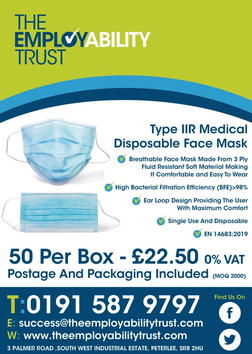EmployabilityNE's tweet photo. PPE For Sale! Available now! Contact 0191 587 9797 or success@theemployabilitytrust.com to purchase with FREE delivery https://t.co/KjbCSTCk6U