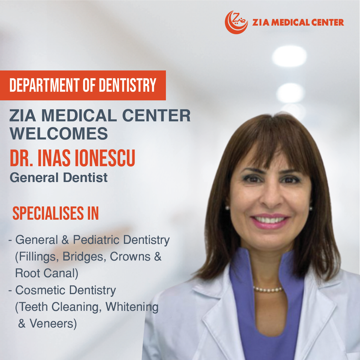 ZiaMedical's tweet photo. We are pleased to inform you that our dental services department will be open during the Eid holidays for emergencies and urgent appoinments with Dr. Inas Ionescu. General Dentist. https://t.co/fqL2VLViG1