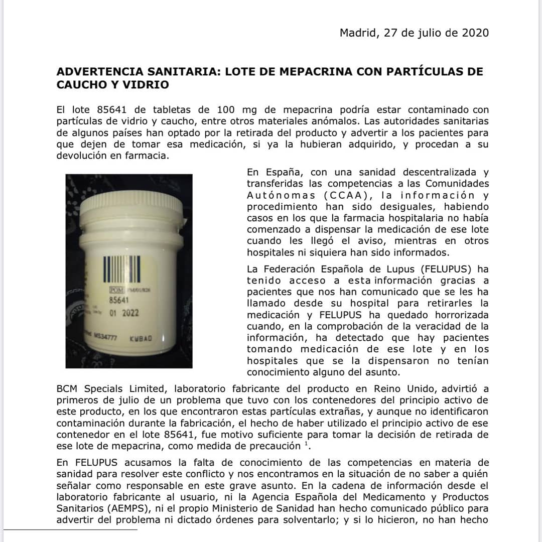LupusValencia's tweet photo. Desde Felupus nos comunican  que el lote 85641 de tabletas de 100 mg de mepacrina podría esta contaminado con partículas de vidrio y caucho,entre otros materiales anómalos.
AVALUS se une a dicho comunicado y exigimos responsabilidades, es la salud de los pacientes. https://t.co/6timwjjC92