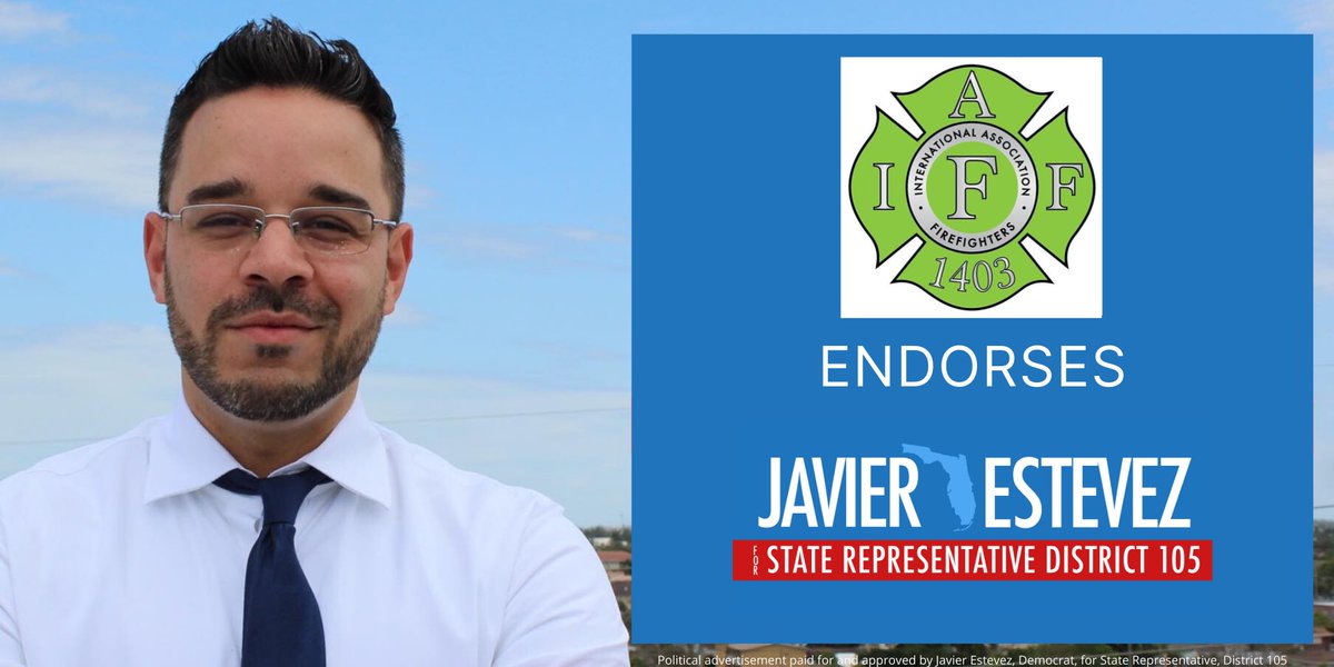 Javier4Florida's tweet photo. I’m honored to be endorsed by @Local1403 . I’m committed to ensuring that firefighters are protected and taken care of. I look forward to working together throughout the campaign and when in the legislature alongside our brave men and women. #UnionStrong #WinWithJavi https://t.co/ENHUI8eXBt