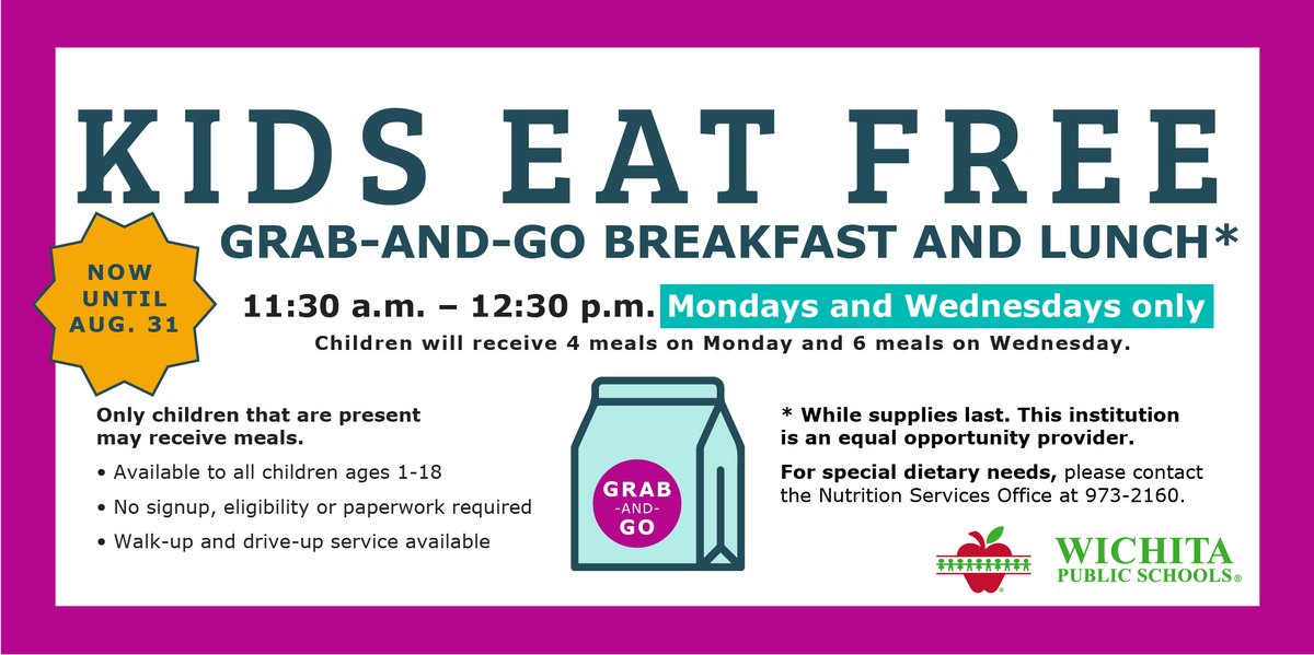 Due to the delay of the start of school, WPS Nutrition Services is extending the Summer Food Program through Monday, Aug. 31. Meals are served on Mondays and Wednesdays from 11:30 am to 12:30 pm at 9 locations. Learn more at bit.ly/3cChwV0