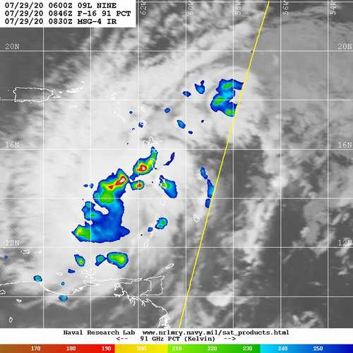 MJVentrice's tweet photo. Three vortical hot towers due west of the Antilles are seen in ice scattering signatures via the 85GHz microwave imagery in association to the blossoming convection of #AL09 https://t.co/ZQs4dzypj8