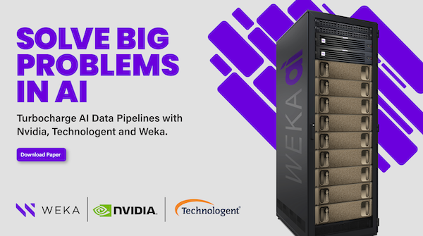 weka's tweet photo. Turbocharge AI data pipelines with @weka, @NVIDIA, and @Technologent.
Download the #WekaAI reference architecture and set a meeting with a Technologent representative. Solve big problems with #AI. #storage #GPU #ML #DGXhttps://info.technologent.com/weka-nvidia https://t.co/HdVIr8kHp5