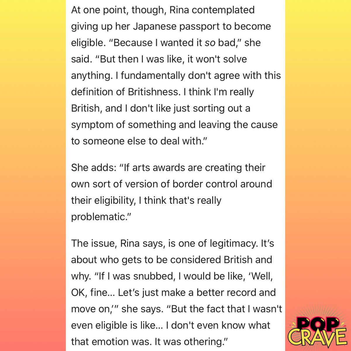 .@RinaSawayama talks to @VICEUK about the @BRITs’ & @MercuryPrize’s exclusive eligibility rules.

Despite living in the UK for 25 years, she is not eligible for the awards as she does not have British or Irish nationality. #SAWAYAMAISBRITISH

🔗:bit.ly/2P7RCP6