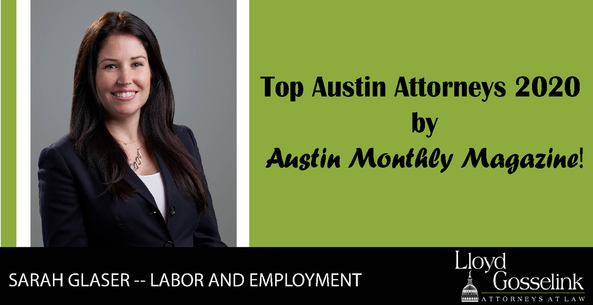 LloydGosselink's tweet photo. Congratulations, Sarah Glaser, on being a #topattorney in 2020! Sarah was voted by her colleagues to be in the @Austin_Monthly Magazine August issue, which is out now. To learn more about Sarah, click here: https://t.co/SsaTnZ4nRF
and https://t.co/MIf8JeJTzq https://t.co/w4rcurOVcK