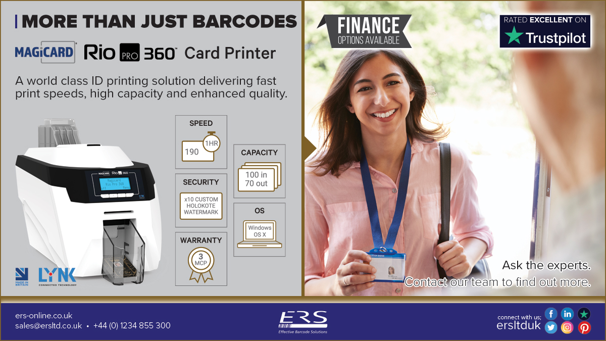 ersltduk's tweet photo. If you’re looking to take control, improve or update your own ID Solutions - then the @Magicardltd  Rio Pro 360 ID Card Printer could be the perfect solution for you. See https://t.co/dSQ7oaD5Up or contact us to find out more. #barcodes #labelprinters #scanners #solutions https://t.co/itG3fRtk7O