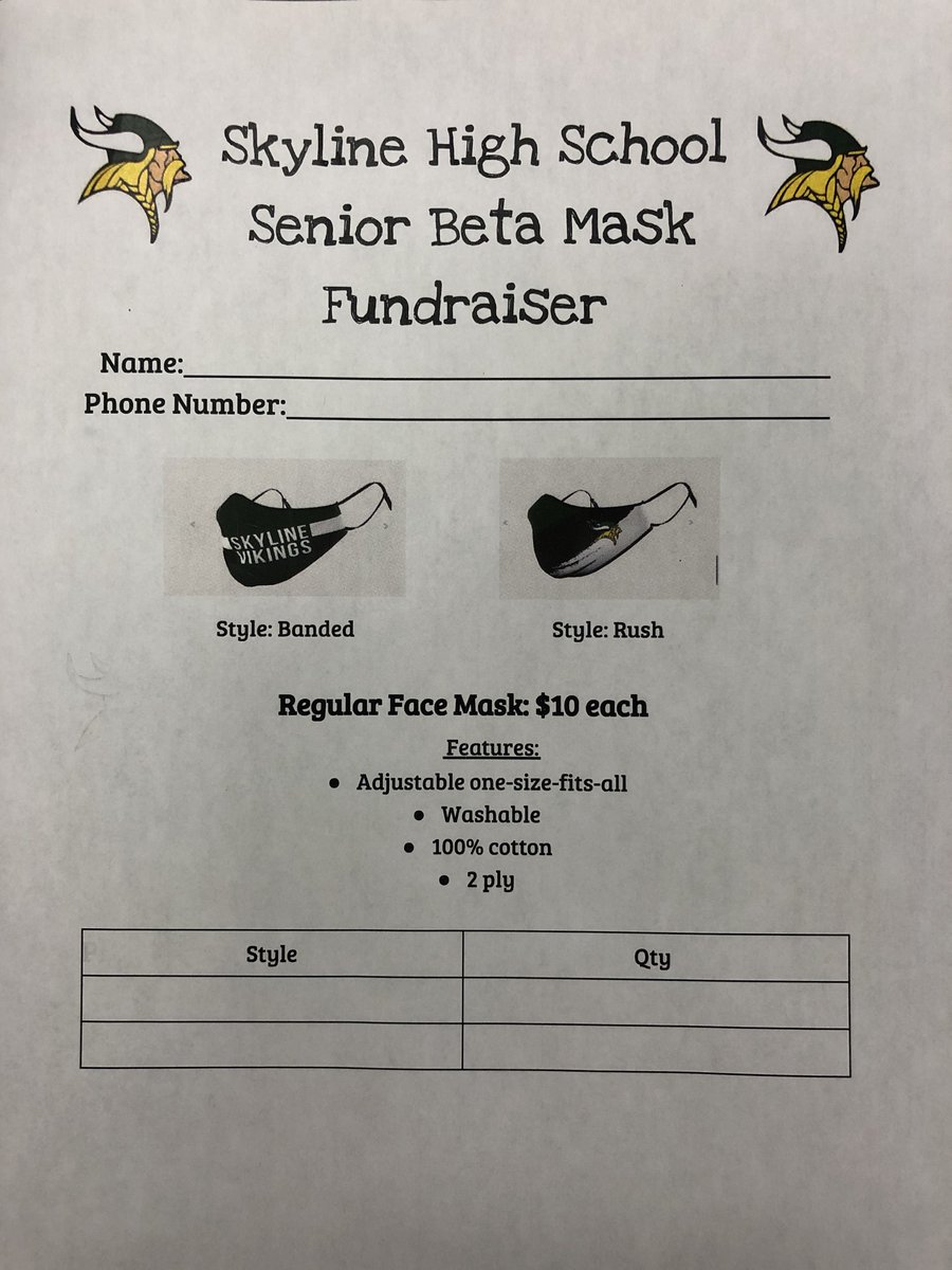 SkylineSchool's tweet photo. Pre-Order your @SkylineSchool face mask and buff today! Order forms are available on the front porch of the high school building! This is a fundraiser for our Senior Beta at SHS! $10 for the mask / $15 for the buff. They look awesome! #seniorbeta #GoVikings https://t.co/IsqyhDw9mZ