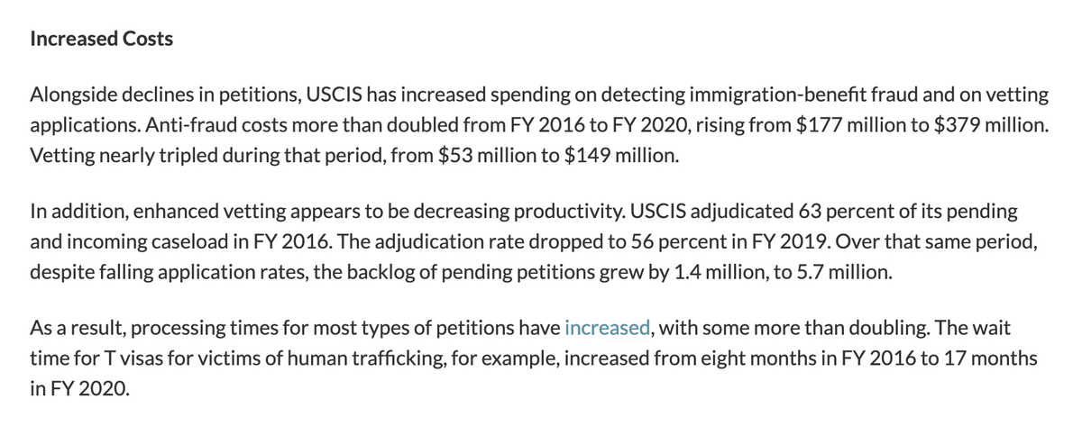 And at the same time  @USCIS's costs have risen significantly, with an emphasis placed on detecting fraud & vetting.From FY 16 to FY 20:- Anti-fraud costs more than doubled - Vetting nearly tripled More:  https://www.migrationpolicy.org/news/uscis-severe-budget-shortfall