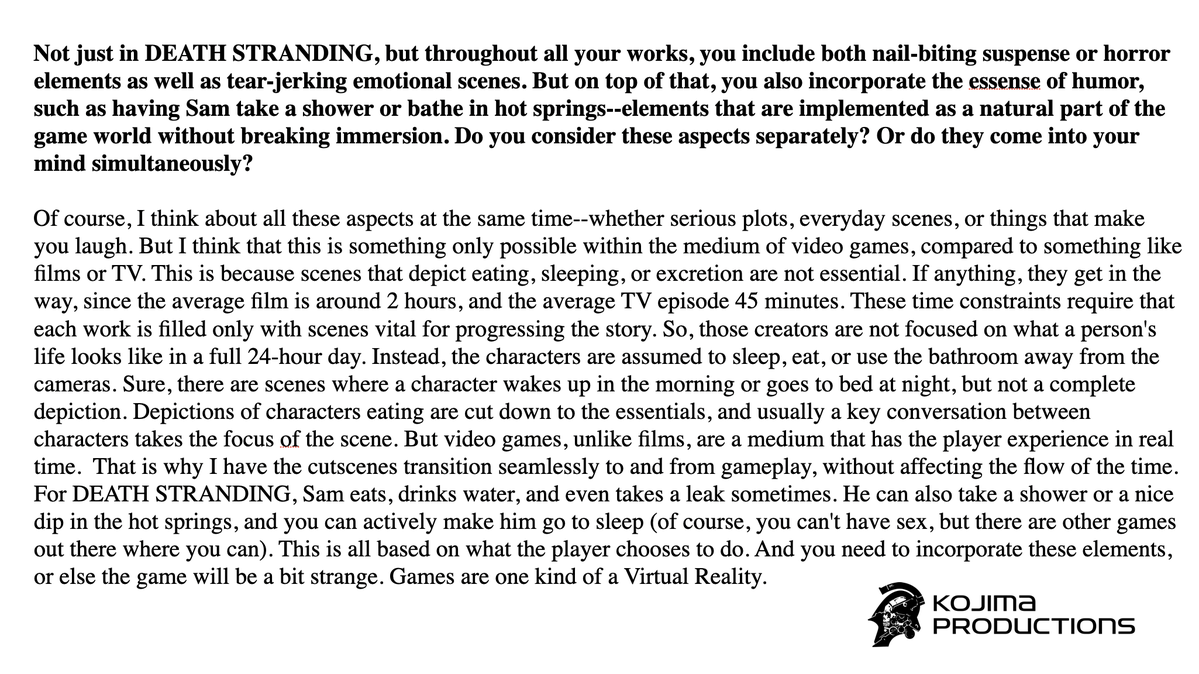 KojiPro2015_EN's tweet photo. "Hideo's Musings"
Dipping in a hot spring or making you grab for a box of tissues - learn why Hideo commits to these details in today’s #HideoMusings -Aki

#HideoKojima
#DeathStranding 
#DeathStrandingPC

Steam https://t.co/cVSKwHo3jh 
Epic Games https://t.co/9QONAGlZHr https://t.co/hgfi1msyqw
