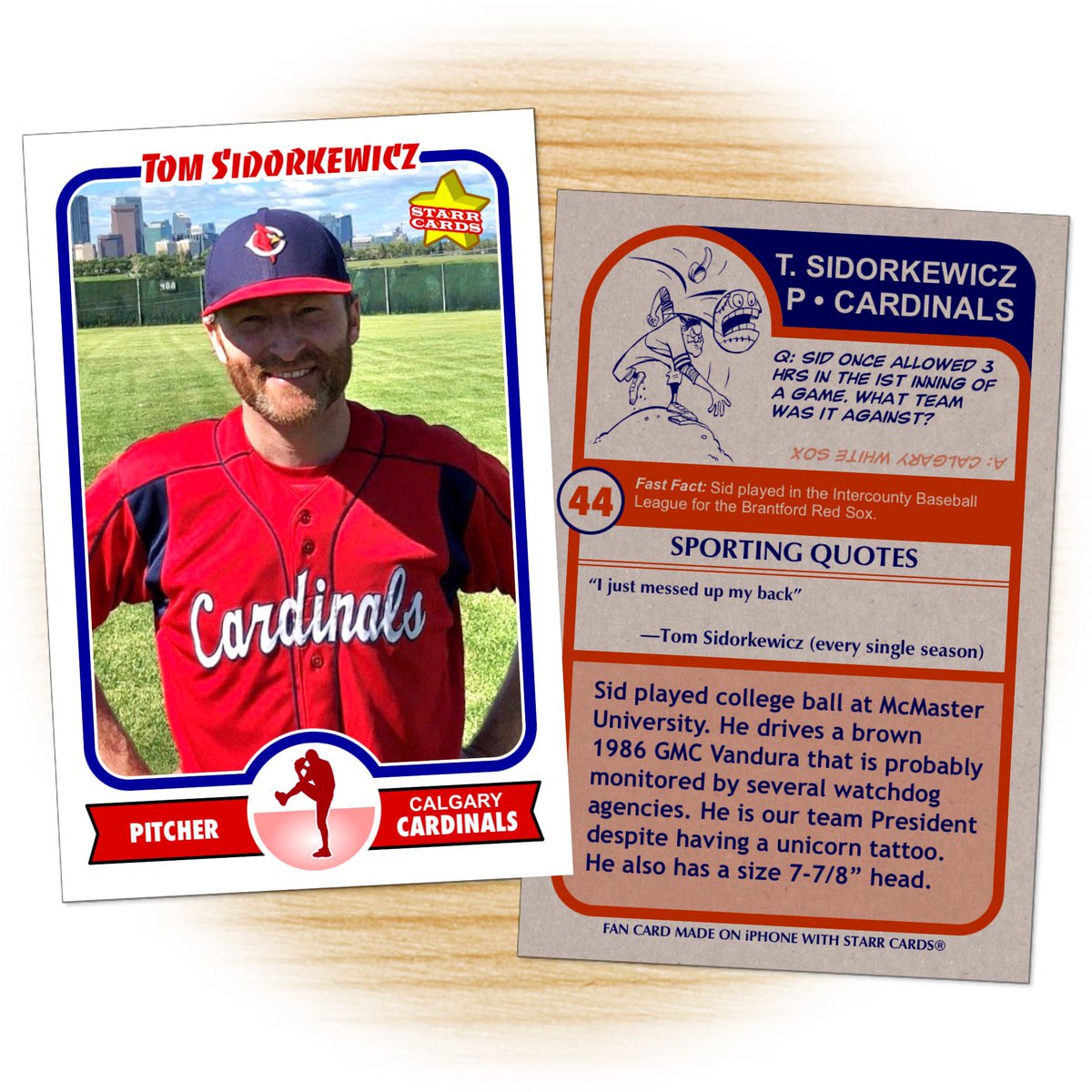 CgyCardinals's tweet photo. Today’s player card is pitcher @tommysidthekid . He has been with the team since 2008. We have never seen Evgeni Plushenko and Sid in the same room together, just saying. #teamprez #vandura #fmba #cardinals https://t.co/IoeUbVRTUl