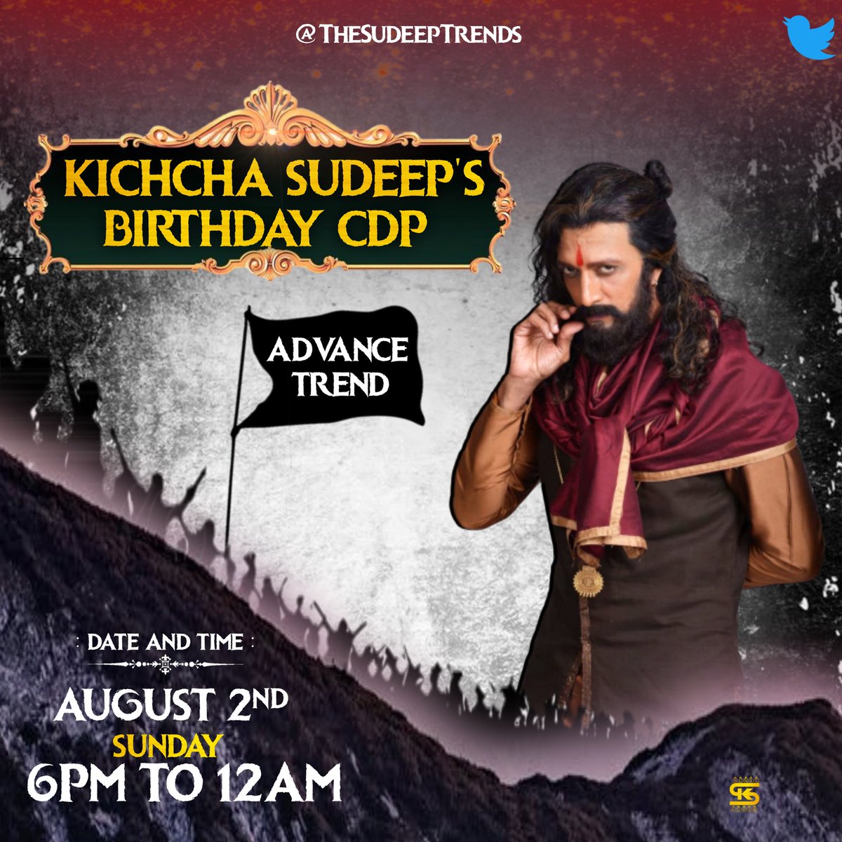 TheSudeepTrends's tweet photo. 📣 TREND ALERT 📣

A 6 hours trend will be held THIS SUNDAY
August 2nd - 6PM to 12AM

Tag will be revealed by @TheSudeepTrends

Retweet, spread the word &amp; get ready🔥

#KicchaBdayCDPOnAug29
#50DaysForDrVishnuBday https://t.co/kLCqlWlOtz