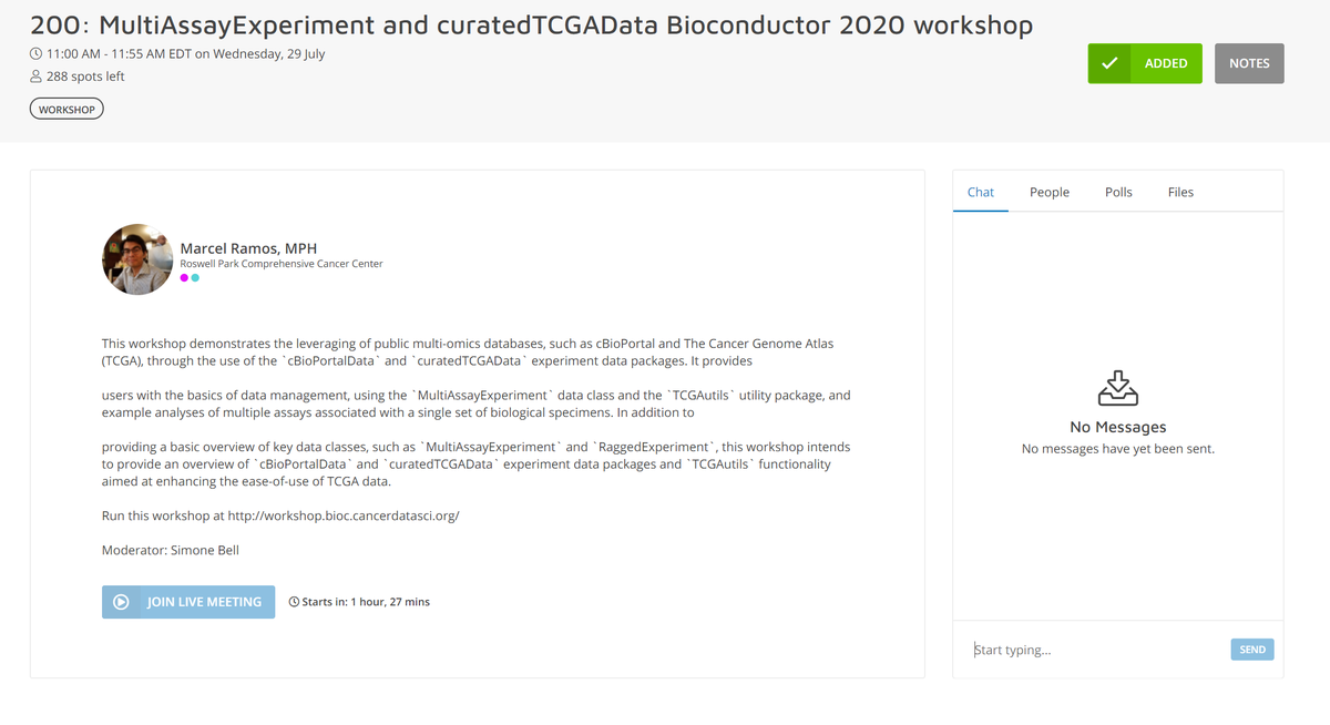 Bioconductor's tweet photo. Next, Marcel Ramos @M2RUseR (BioC core member) teaches a workshop on "#MultiAssayExperiment and #curatedTCGAData"

You will learn about the infrastructure that powers many analysis. Dive deeper into the BioC world with Marcel! ^^

#BioC2020 #rstats https://t.co/nuvIeWpbTl