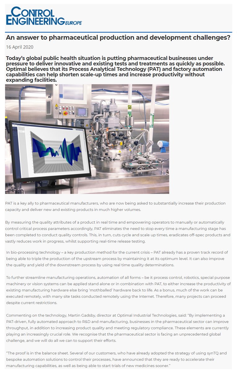 OptimalLtd_Auto's tweet image. Optimal as featured in the industry press. Thanks for the coverage.

Find out more at optimal-ltd.co.uk 

#ProcessAnalyticalTechnology #PAT #synTQ #pharmaceutical