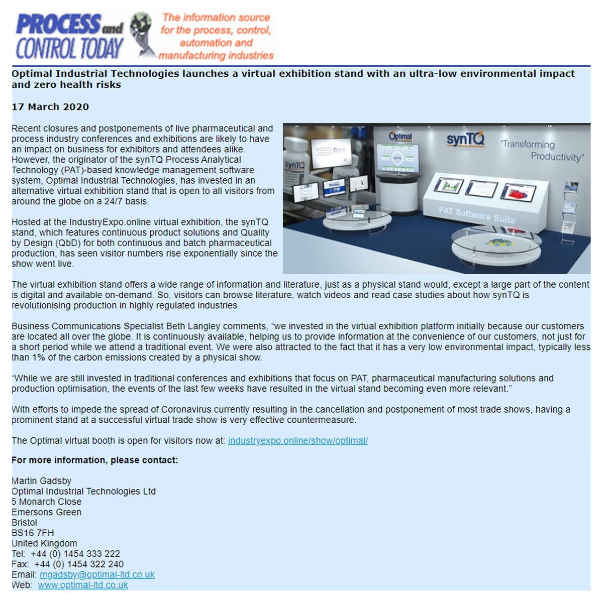 OptimalLtd_Auto's tweet image. Optimal as featured in the industry press. Thanks for the coverage.

Find out more at optimal-ltd.co.uk 

#ProcessAnalyticalTechnology #PAT #synTQ #pharmaceutical