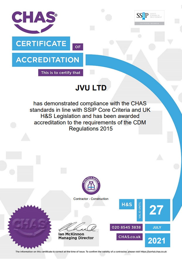 We are very proud to announce that #JVULTD have achieved the CHAS standard of Health & Safety! This is a hugely sort after accreditation within our industry and is validation that all our works are completed to the highest standard.    
 #waterleakdetection#waterrepair#services