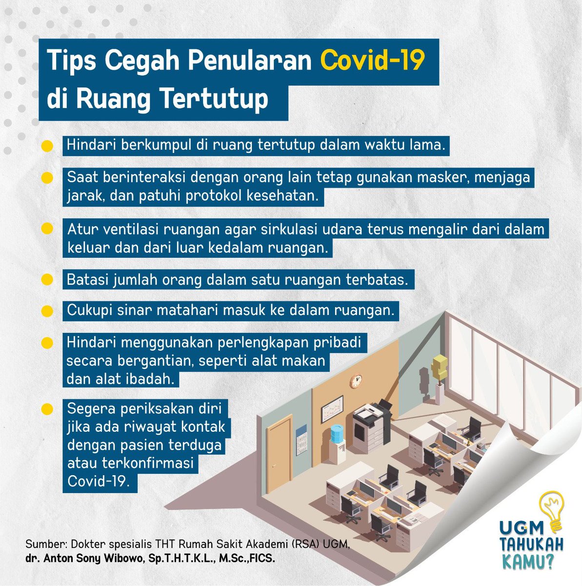 UGMYogyakarta's tweet photo. Kawan UGM, kita harus tetap waspada terhadap keberadaan Covid-19 di sekitar kita, terutama potensi penularannya pada ruang tertutup. Simak tips berikut ini ya, untuk meminimalisir risiko penularan virus corona di ruangan tertutup!

#ugmtahukahkamu #cegahcovid19 #lawancovid19 https://t.co/Vre1TVHmg3